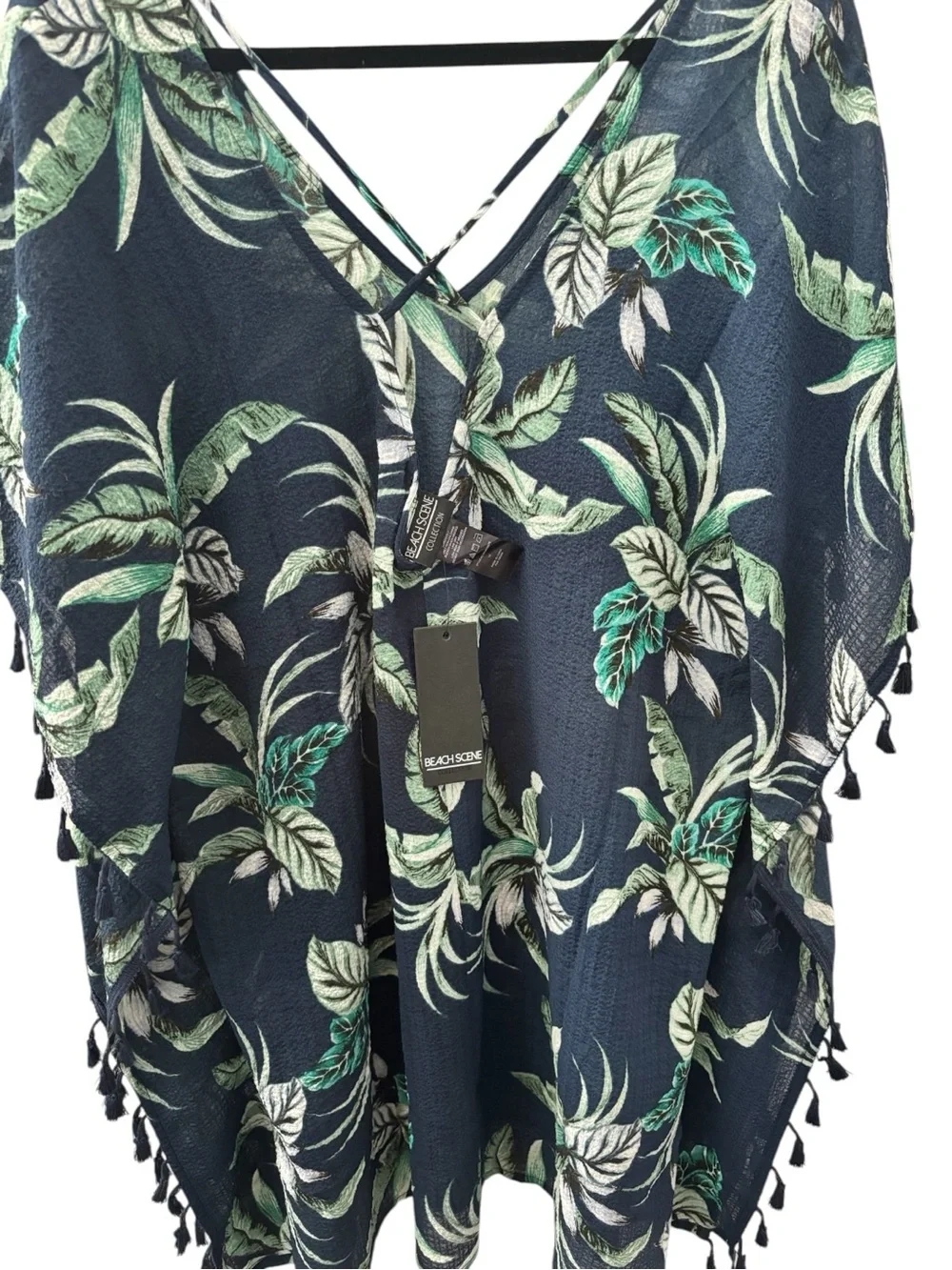 Navy Tropical Leaf V-Neck Swim Coverup with Tassel Trim
